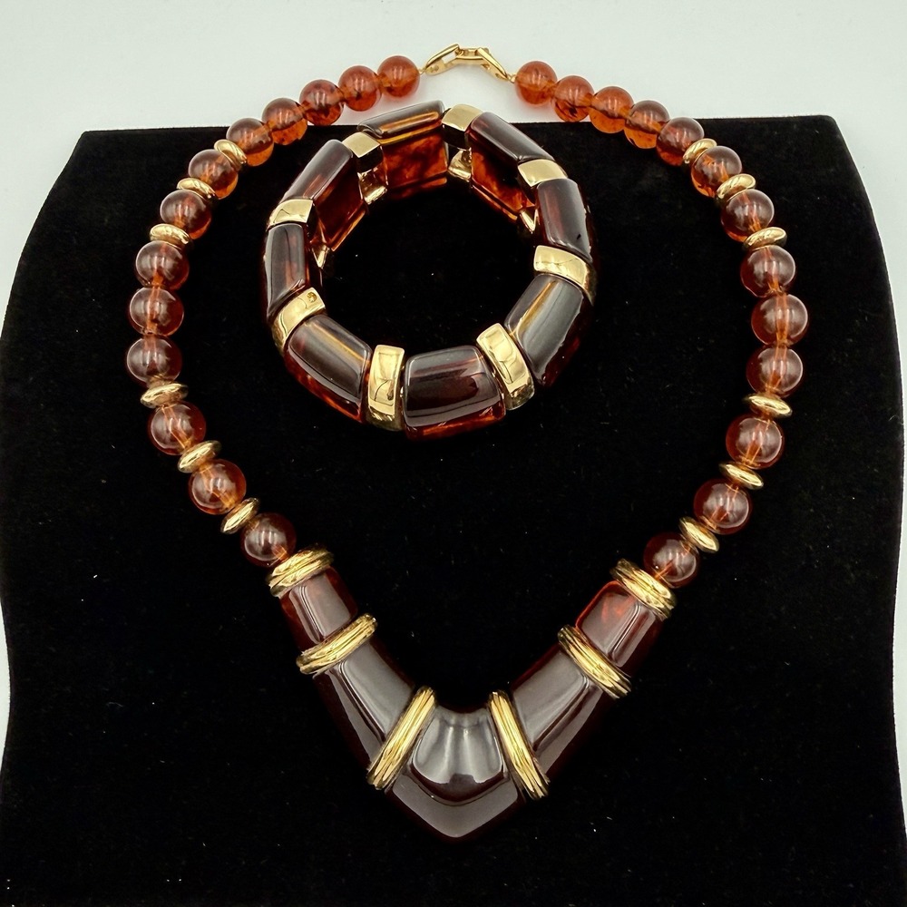 Vintage 80's Napier Faux Tortoise 18" Necklace & Chunky Bracelet